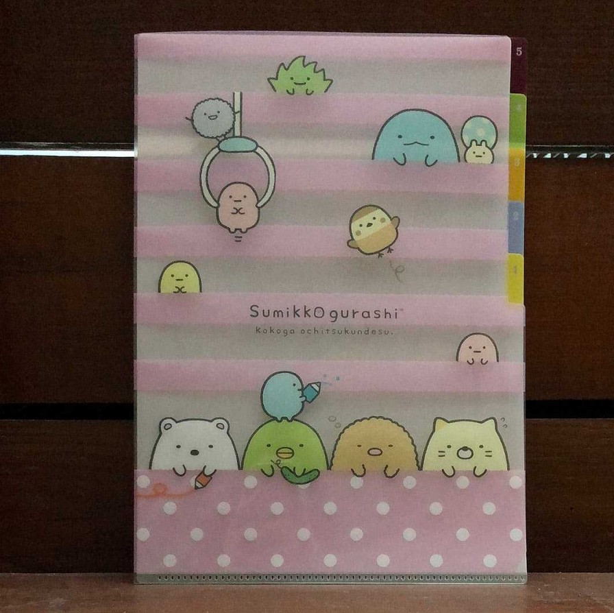 Stationery Kawaii Import | Pink Stripes Sumikko Gurashi Claw Machine 5-Index A4 Plastic File Folder