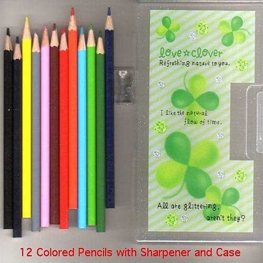 Stationery Kawaii Import | Kamio 12 Color Pencils With Sharpener And Case: Love Clover