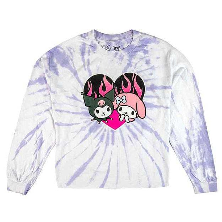 Styles BioWorld Sanrio Apparel | My Melody & Kuromi Flame Heart Long Sleeve Crop Top Spiral Tie Dye Shirt