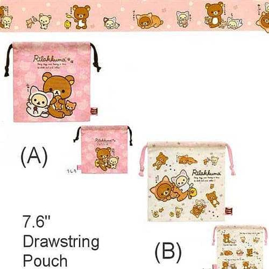 Styles Kawaii Import Drawstring Bags | San-X Rilakku Cat 7.6" Drawstring Pouch: (A) Pink