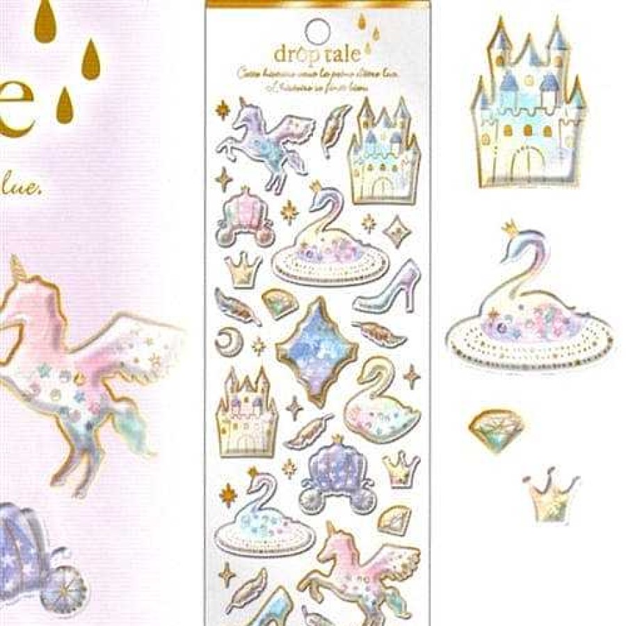 Stationery Kawaii Import Japanese Stickers | Q-Lia Drop Tale Unicorns, Swans And Castle Thick Clear Epoxy Stickers With Gold Accent