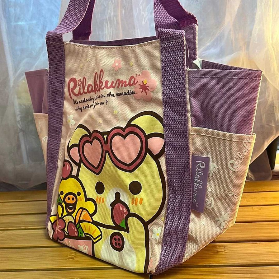 Styles Kawaii Import Totes | Aloha Rilakkuma Paradise In Hawaii 13" Purple Canvas Tote