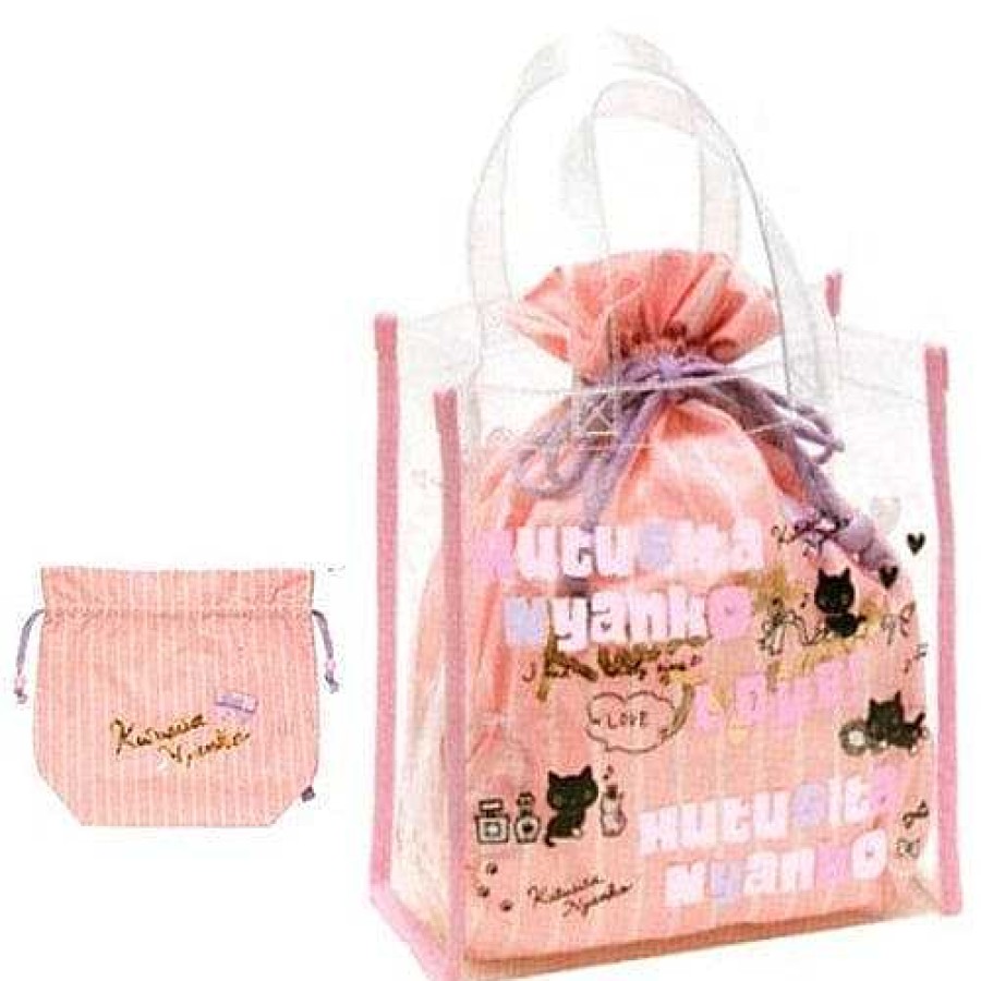 Styles Kawaii Import Drawstring Bags | San-X Kutusita Nyanko Clear Tote Bag With Drawstring Liner Pouch