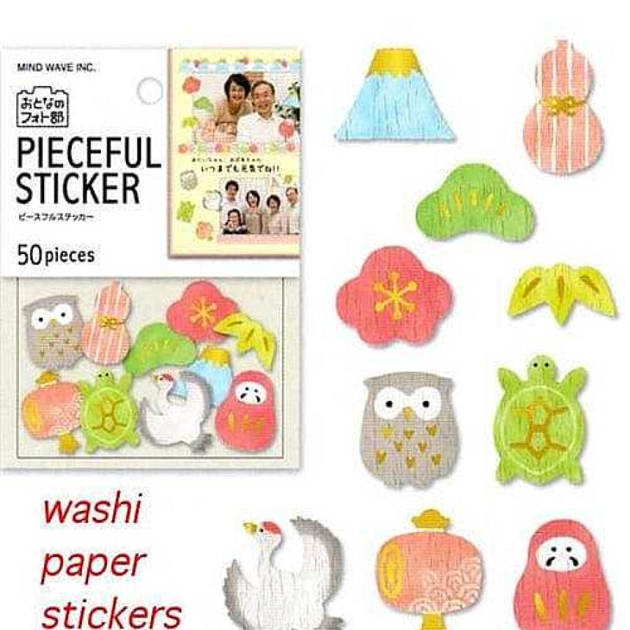 Stationery Kawaii Import Sticker Flakes | Mind Wave Washi Paper Pieceful Sticker Sack: (A) Mt. Fuji & Crane & Owl 50-Piece