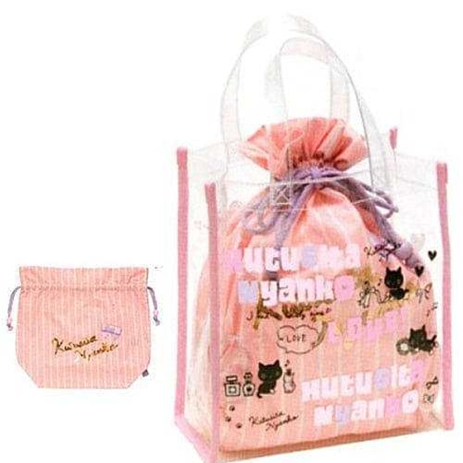 Styles Kawaii Import Totes | San-X Kutusita Nyanko Clear Tote Bag With Drawstring Liner Pouch