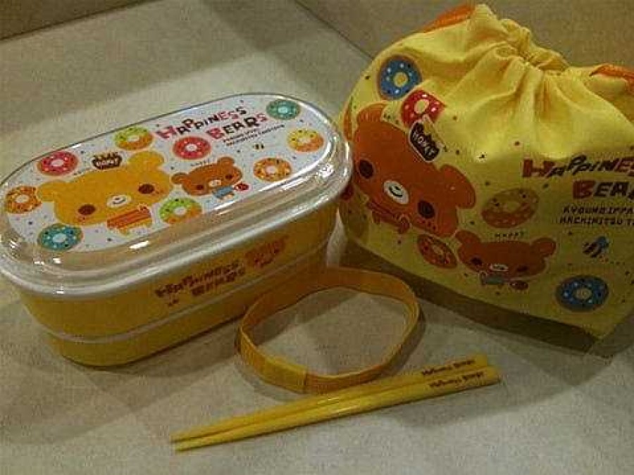 Homegoods Kawaii Import | Crux 2-Layer Bento Lunch Box With Chopsticks And Carrying Pouch: Happiness Bears