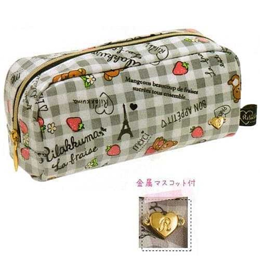 Styles Kawaii Import Pen Pouches | San-X Rilakkuma La Fraise A Paris 7.5" Grey Pouch