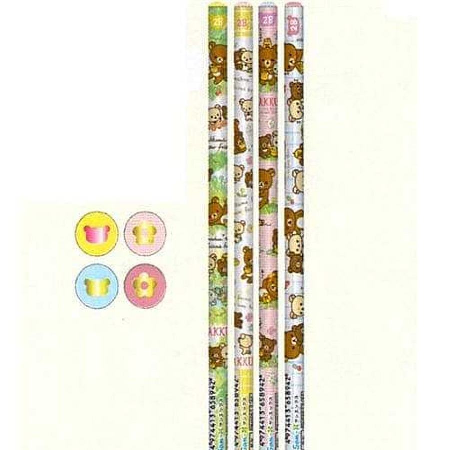 Stationery Kawaii Import Lead Pencils | San-X Rilakkuma Relax Bear 2B Lead Pencils Kogumachan & The Honey Forest: Complete 4-Piece Set (2016)