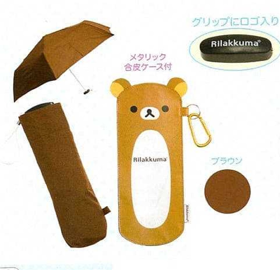 Homegoods Kawaii Import | San-X Rilakkuma Light-Weight Tri-Fold Umbrella With Caribiner Vinyl Leather Pouch: Relax Bear