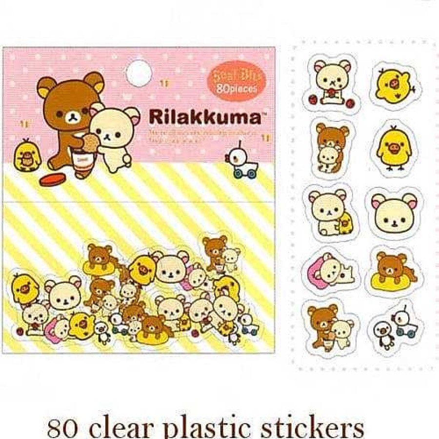 Stationery Kawaii Import Sticker Flakes | San-X Rilakkuma Relax Bear 80-Piece Clear Sticker Sack: Pink