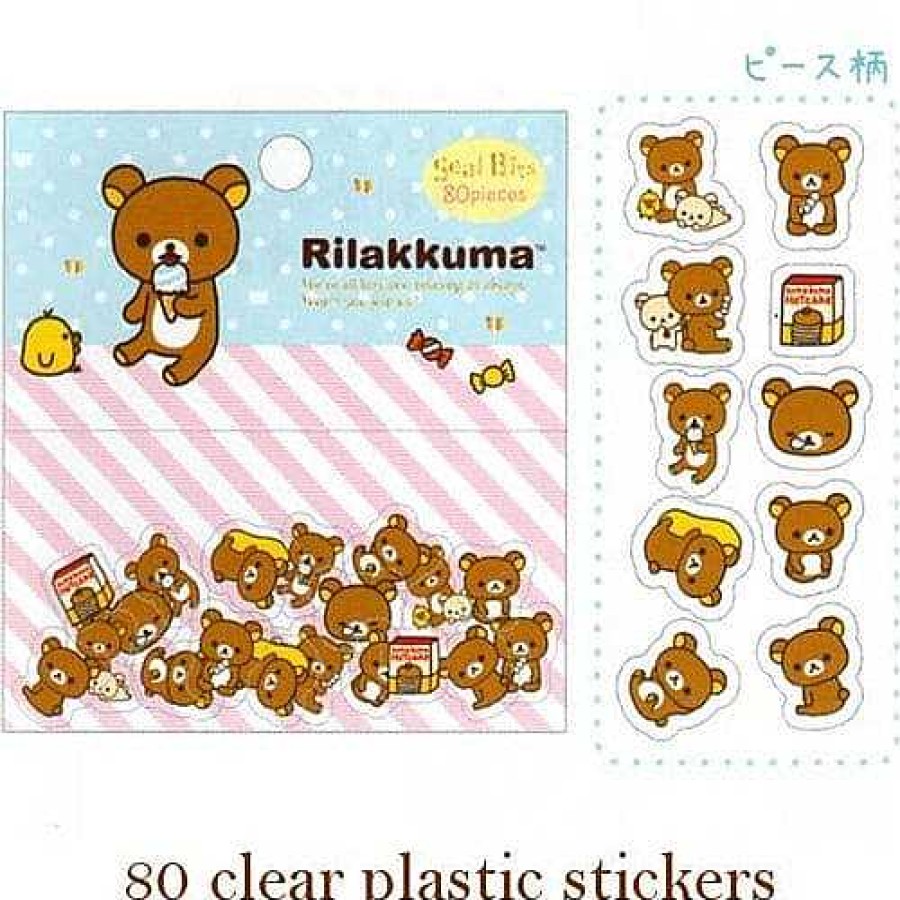 Stationery Kawaii Import San-X Stickers & Washi | San-X Rilakkuma Relax Bear 80-Piece Clear Sticker Sack: Blue