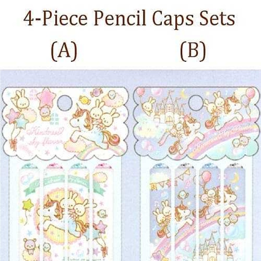 Stationery Kawaii Import Lead Pencils | Q-Lia Kindness Sky Flavor Unicorns, Bunnies, And Bears 4-Piece Pencil Caps Set