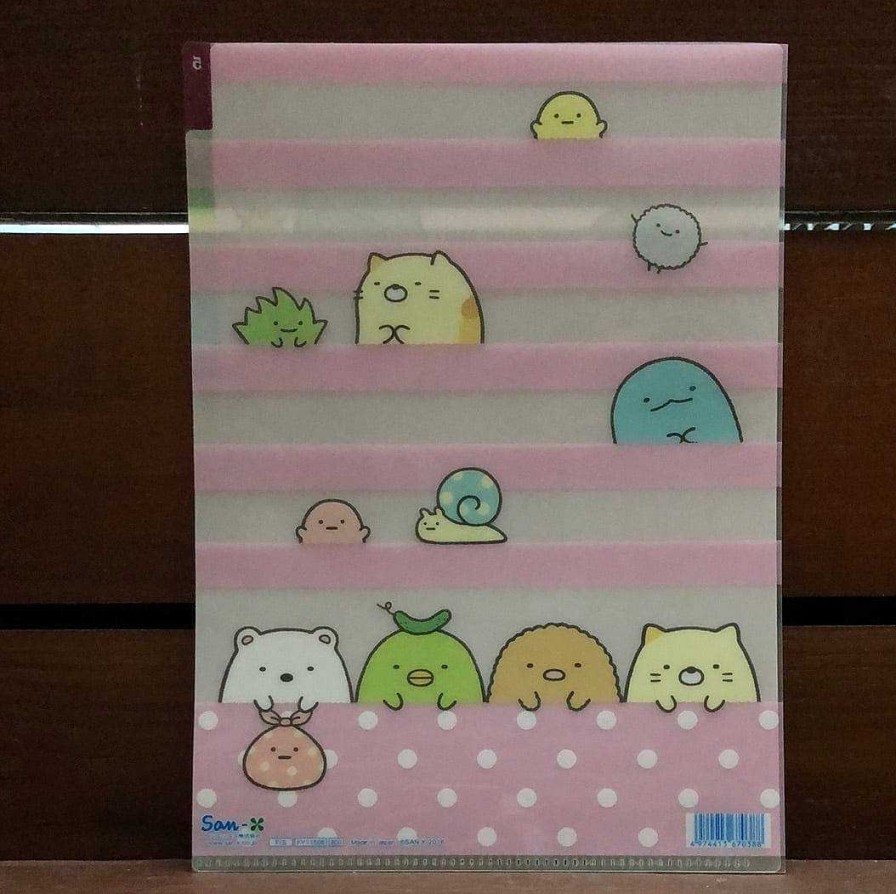 Stationery Kawaii Import | Pink Stripes Sumikko Gurashi Claw Machine 5-Index A4 Plastic File Folder